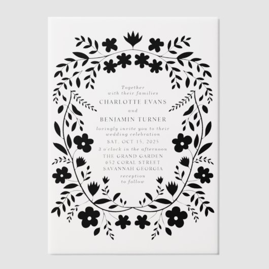 ブラックフォークアートフローラ結婚フレーム ベラム紙招待状 (正面)