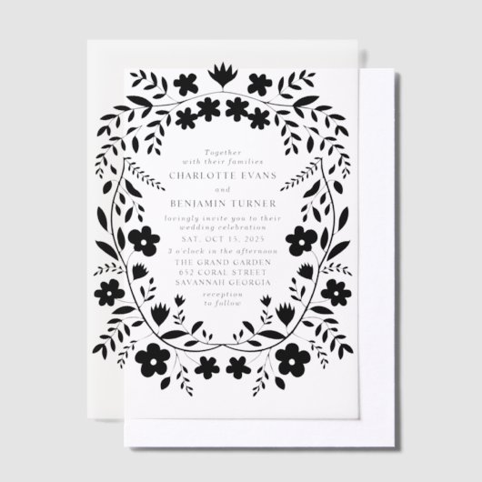 ブラックフォークアートフローラ結婚フレーム ベラム紙招待状 (オフセット)