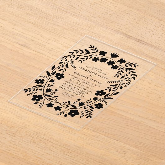 ブラックフォークアート結婚フローラ アクリル招待状 (レイダウン)