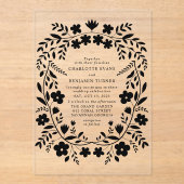 ブラックフォークアート結婚フローラ アクリル招待状 (正面)