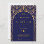 ブラックフォーマルタイ金ゴールドアールデコネイビーブルー結婚ズ 招待状 (正面)