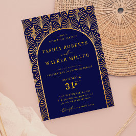 ブラックフォーマルタイ金ゴールドアールデコネイビーブルー結婚ズ 招待状