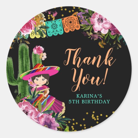 ブラックフカラフルィエスタフローラ誕生日サンキュー ラウンドシール (正面)
