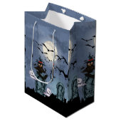 ブラックフクロウこうもりと幽霊たちハロウィーンイラストレーション ミディアムペーパーバッグ (正面アングル)
