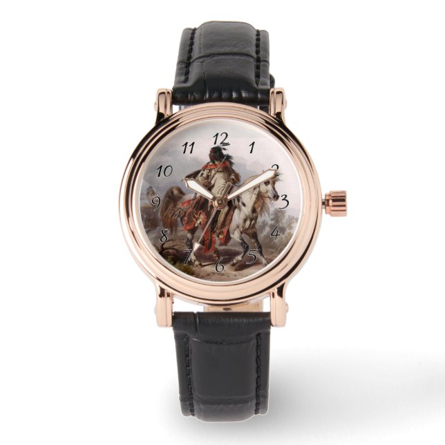 ブラックフットインディアンオンアラビアンホース追跡中 腕時計 (正面)