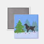 ブラックフラットコートレトリバー – クリスマスフォレスト マグネット (正面/裏面)