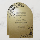 ブラックフラワーがゴールドのダマスク柄の結婚式招待状に渦巻く 招待状 (正面/裏面)