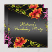 ブラックフラワーバーストデザイン誕生日招待状 招待状 (正面/裏面)