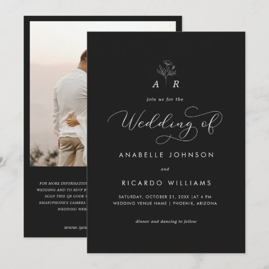 ブラックフラワーモノグラムスクリプトフォトQRコード結婚ズ 招待状 (正面/裏面)