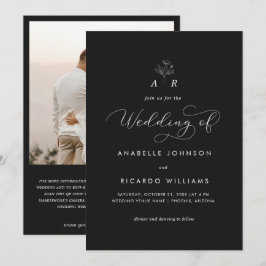 ブラックフラワーモノグラムスクリプトフォトQRコード結婚ズ 招待状
