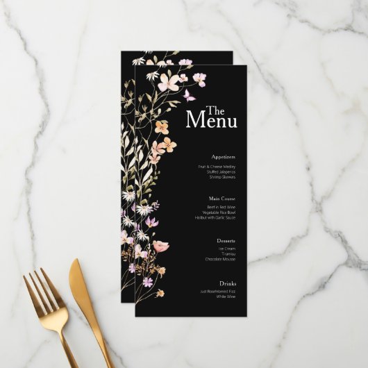 ブラックフラワー結婚ズイベントメニューテーブルデコール メニュー (正面/裏面インサイチュ)