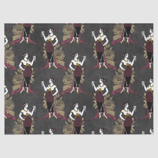 ブラックフランスの・デコパージュでワインを飲むヴィンテージの女性 薄葉紙 (正面)