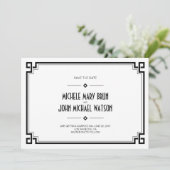 ブラックフレームのアートデコ ホワイト セーブ・ザ・デート カード (スタンド正面)