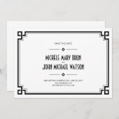 ブラックフレームのアートデコ ホワイト セーブ・ザ・デート カード (正面/裏面)