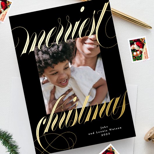 ブラックフレームのクリスマス金ゴールド書1枚の写真 箔シーズンカード