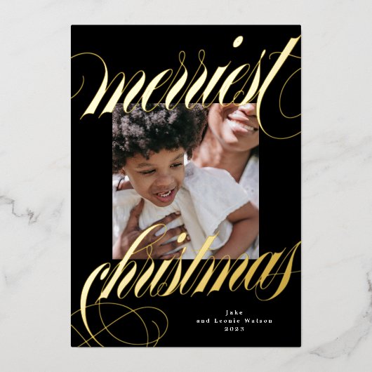 ブラックフレームのクリスマス金ゴールド書1枚の写真 箔シーズンカード (正面)