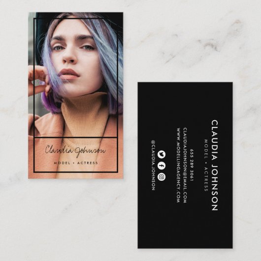 ブラックフレームモダン俳優モデル歌手ダンサー写真 名刺 (正面/裏面)