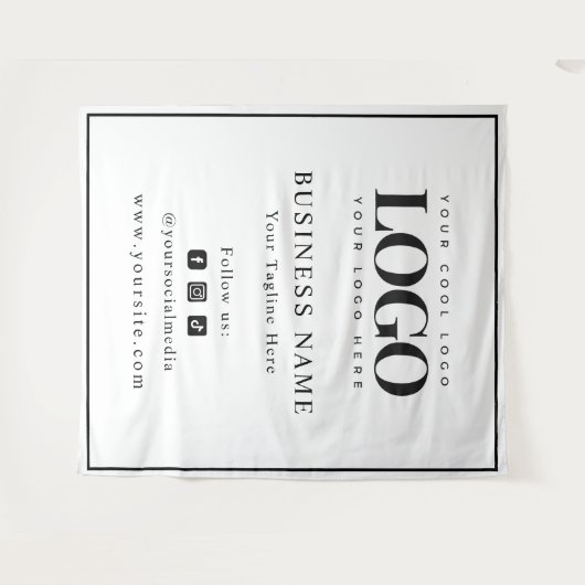 ブラックフレームロゴとソーシャルメディアのビジネス背景 タペストリー (正面(横))