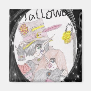 ブラックフレーム不気味ハロウィーンカップルスケッチ マグネット