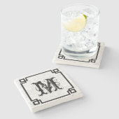 ブラックフレーム白いダマスクと大きなモノグラム ストーンコースター (横)
