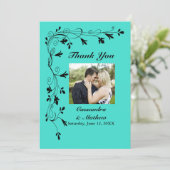 ブラックフローラつる植物ターコイズまたはカラーサンキュー サンキューカード (スタンド正面)