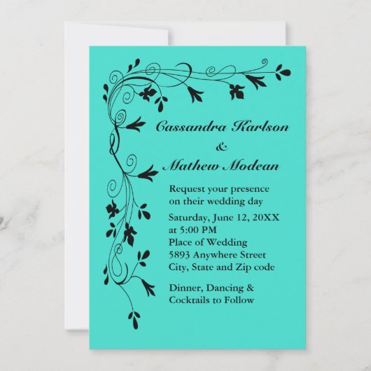 ブラックフローラつる植物ターコイズまたはカラー選択結婚 招待状 (正面)