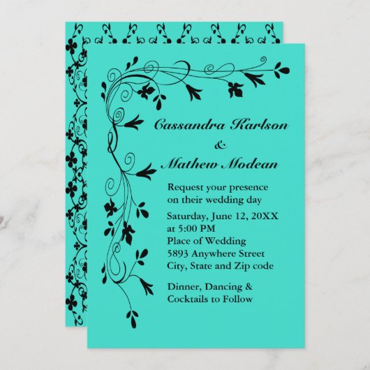 ブラックフローラつる植物ターコイズまたはカラー選択結婚 招待状 (正面/裏面)