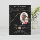 ブラックフローラカスタムフォトサプライズ70誕生日 招待状 (スタンド正面)