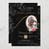 ブラックフローラカスタムフォトサプライズ70誕生日 招待状 (正面/裏面)