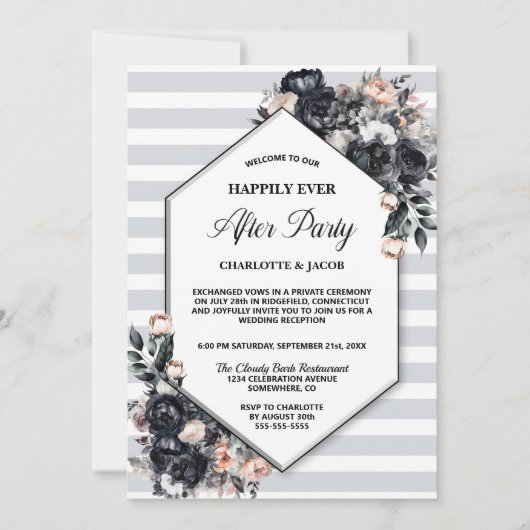 ブラックフローラストライプの幾何学的ウェディング 招待状 (正面)