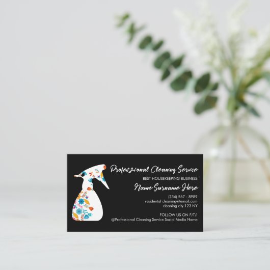 ブラックフローラスプレーボトルクリーンルームハウスキーピング 名刺 (スタンド正面)