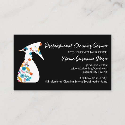 ブラックフローラスプレーボトルクリーンルームハウスキーピング 名刺 (正面)