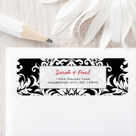 ブラックフローラダマスクレッドフォント差出人住所ラベル ラベル (インサイチュ)