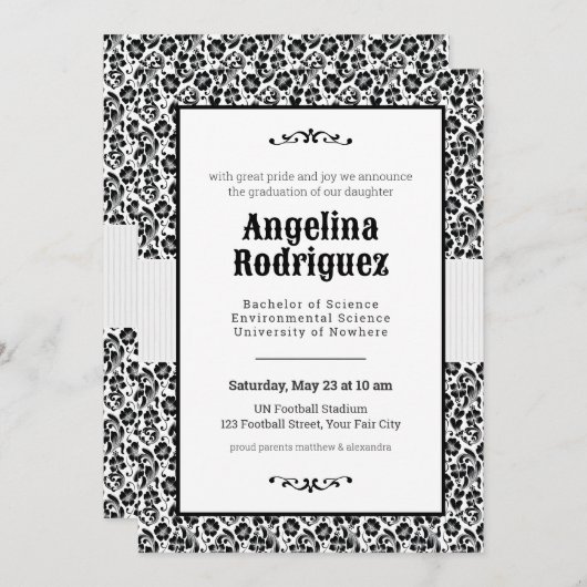 ブラックフローラダマスク写真卒業 招待状 (正面/裏面)