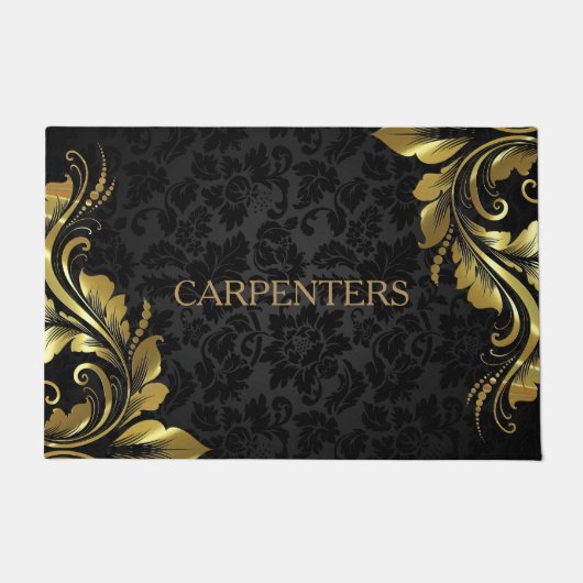 ブラックフローラダマスク及び金属金ゴールドレース ドアマット (正面)