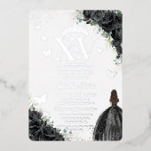 ブラックフローラドレスキンセアニラクインズ15 XVシルバー 箔招待状 (正面)