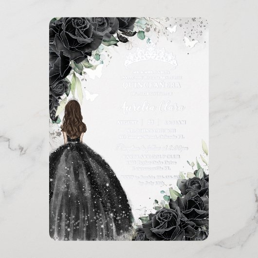ブラックフローラドレスキンセアニラスウィート16 XVシルバー 箔招待状 (正面)