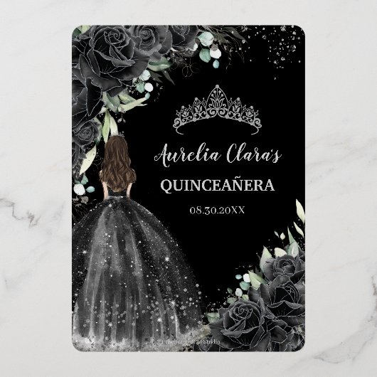 ブラックフローラドレスキンセアニラスウィート16 XVシルバー 箔招待状 (裏面)