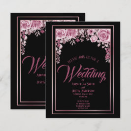 ブラックフローラバラ金ゴールドスクリプトエレガントな結婚式 招待状