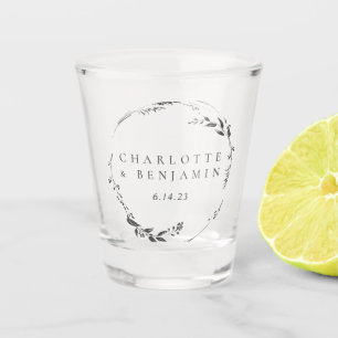 ブラックフローラパーソナライズされたリース結婚の日付 ショットグラス