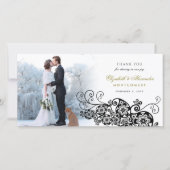 ブラックフローラペイズリーボホエレガントなウェディングフォト サンキューカード (正面)