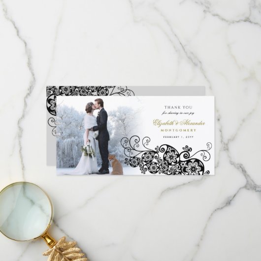 ブラックフローラペイズリーボホエレガントなウェディングフォト サンキューカード (正面/裏面インサイチュ)