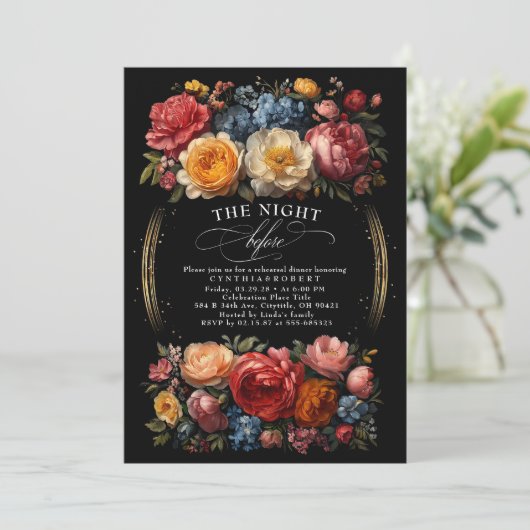 ブラックフローラムーディボタニカルシックリハーサルディナー 招待状 (スタンド正面)