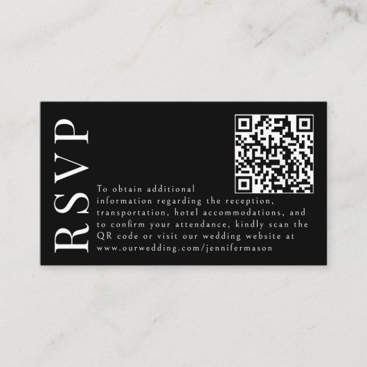 ブラックフローラモダンウェディングRSVP QRコードカード エンクロージャーカード (正面)