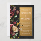 ブラックフローラモダン金ゴールド結婚 招待状 (正面)