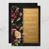 ブラックフローラモダン金ゴールド結婚 招待状 (正面/裏面)