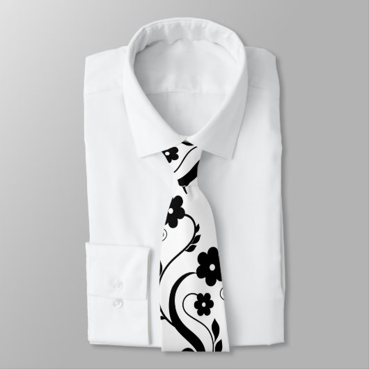 ブラックフローラユニーク2ブラック/ホワイトデザインネクタイ ネクタイ (タイ)