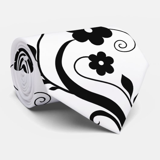 ブラックフローラユニーク2ブラック/ホワイトデザインネクタイ ネクタイ (ロール)