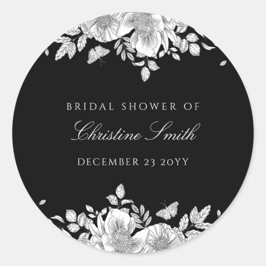ブラックフローララインアートブライダルシャワー ラウンドシール (正面)