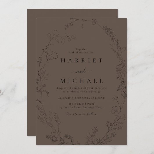 ブラックフローララインアートワイルドフラワーリース結婚ズ 招待状 (正面/裏面)